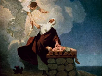 El ángel interviene para detener a Abraham sacrificando a su hijo Isaac